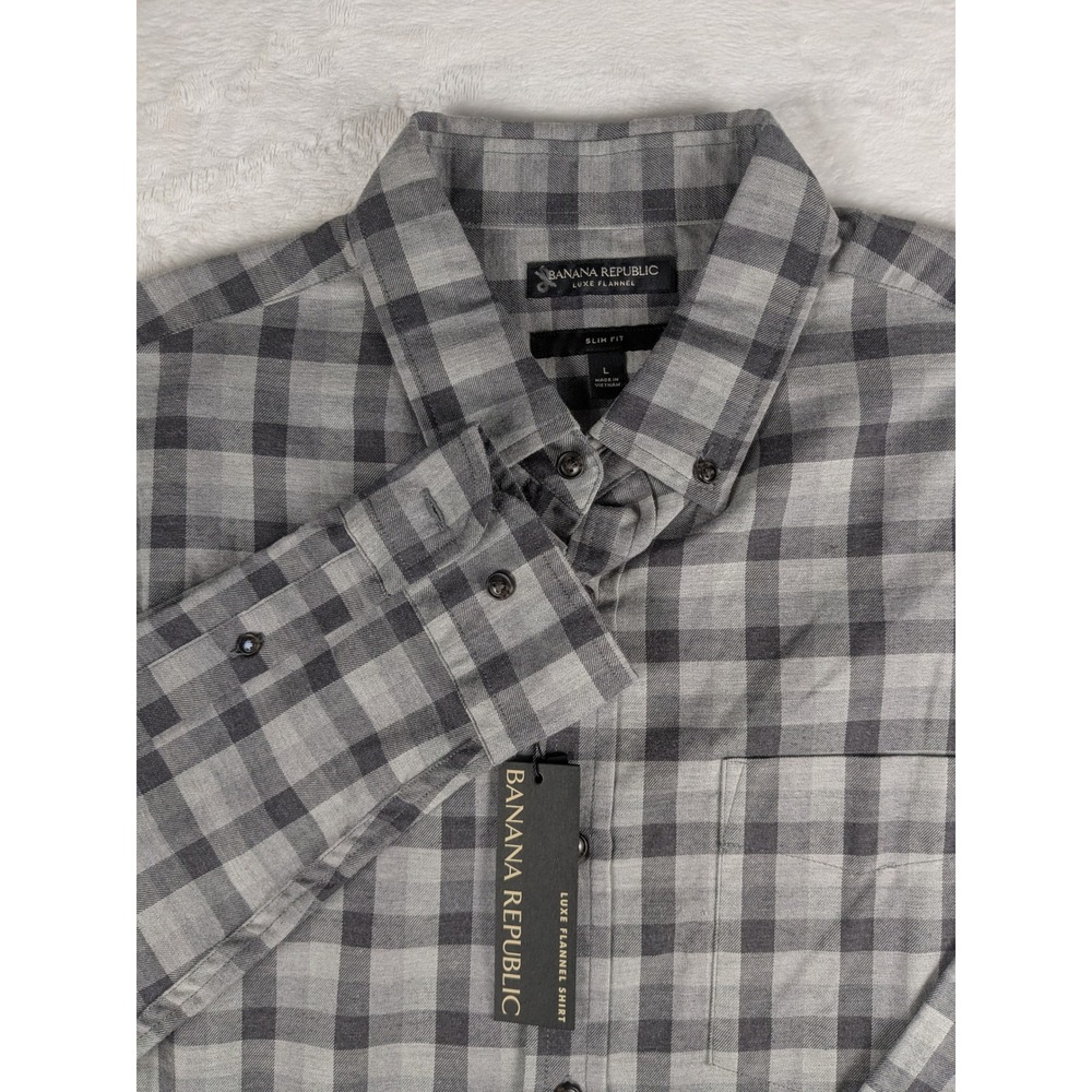Banana Republic Luxe Flannel Shirt Mens L Slim Fit‎ Gray Plaid Button Down